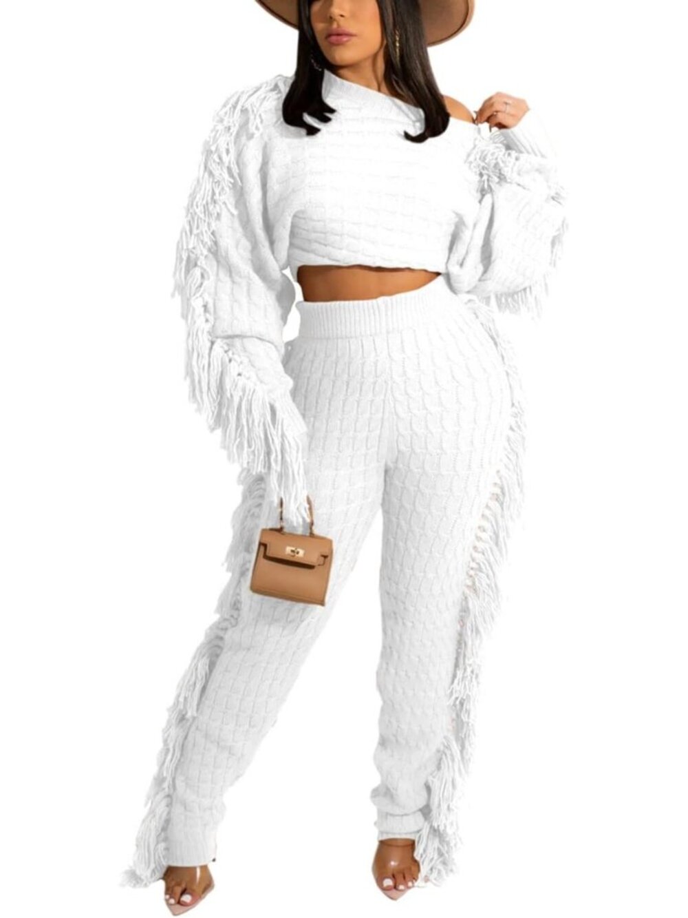 Chic Fringe Cable Knit Sweater Set for Women - Crop Top & Pants Ensemble